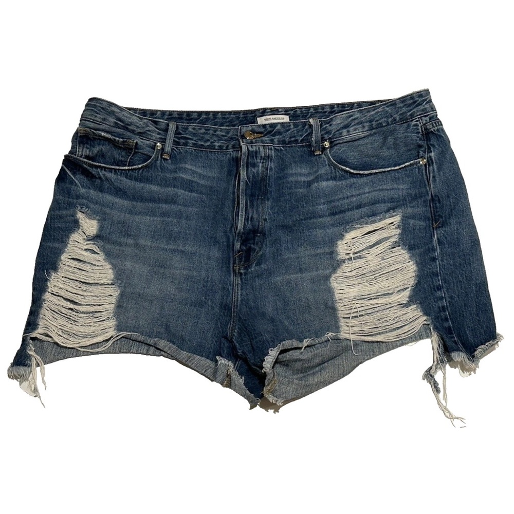 Good American Bombshell Curved-Hem Denim Shorts Size: 20 Distressed